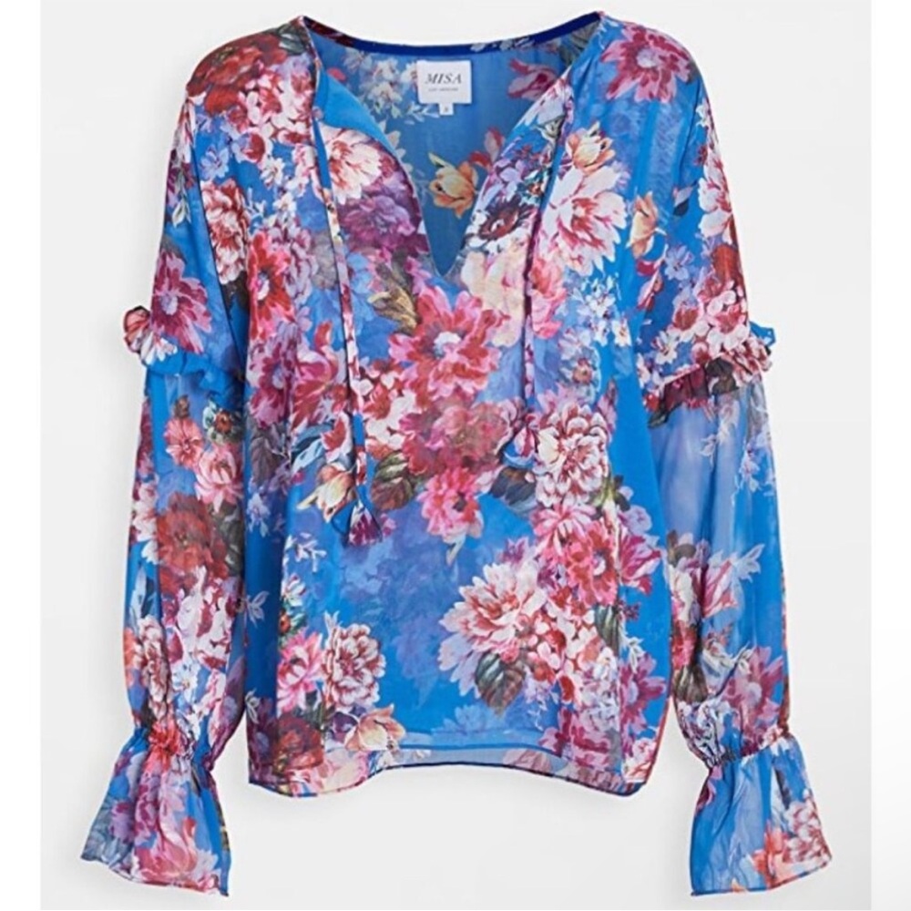 Misa long sleeve floral blue top xs.